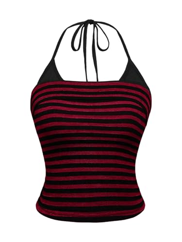 SOLY HUX Women's Striped Halter Top Y2k Summer Camisole Grunge Slim Fit Going Out Crop Tops Black Red Striped Medium