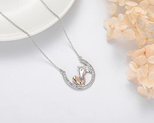 Horse Gifts for Women Girls, Sterling Silver Girl and Horse Necklace Cubic Zirconia Horseshoe Pendant Silver Necklaces Horse Lovers Jewellery Anniversary Birthday Presents with Gift Box, 16"+2"