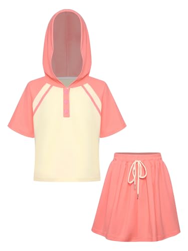 Kids Girls 2 Piece Athletic Outfit Short Sleeve Hooded Top & Mini Skirt for Sports Casual Wear Pink 7 Years3