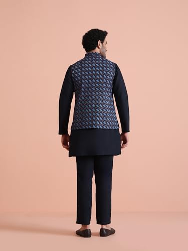 Image of KISAH Men Navy Blue Printed Nehru Jacket Ethnic Festive Waistcoat Cotton, Regular Fit