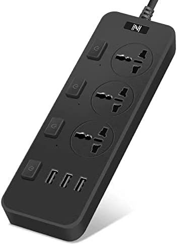 Power Strip – 3 Meter long Flat Power Extension Cord Lead, 3 outlets 3 USB ports Outlet Extender with Overload protection, wall mount, Desktop (2500W)