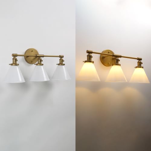 Image of Vintage Industrial 3-Light Bathroom Vanity Light with Milk Glass lampshade - Antique Brass Wall Sconce for Over Mirror, E26 Socket, Dimmable Compatible, Hardwired Installation