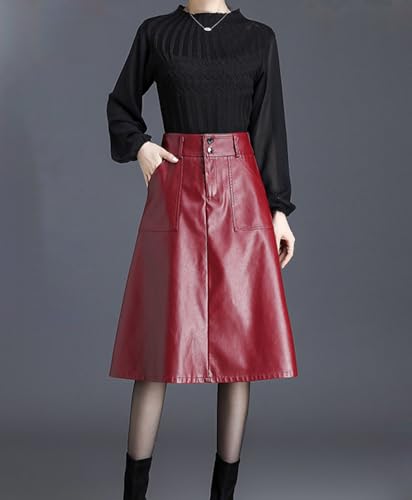 chouyatou Women's Casual High Waist Pu Leather Skirts A-Line Faux Leather Midi Long Skirt with Pockets4