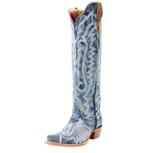 Aorikro Women's The Western Cowboy Cowgirl Boots Mid Calf Low Heel Pointed Toe Boots for Women Casual Boots -Blue Denim