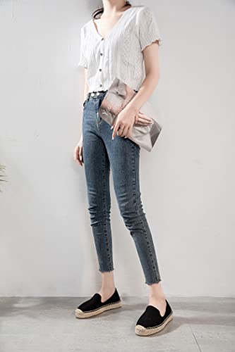 Image of Women's Classic Slip on Flat Shoes Casual Cap-Toe Platform Simple Espadrille Canvas Loafers Black Size 8