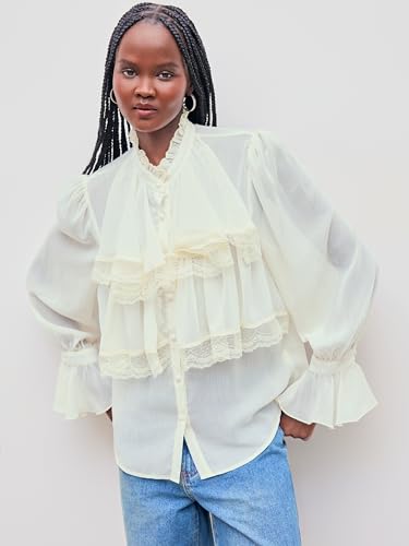 CIDER Chiffon High Neck Soild Lace Faux Pearl Long Sleeve Blouse4