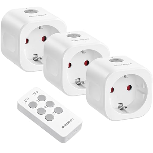 SURAIELEC Prise télécommandée avec télécommande, 16 A/3680 W, kit de prises sans fil pour l'intérieur, portée de 30 m, économie d'énergie, certifié CE & RoHS,...
