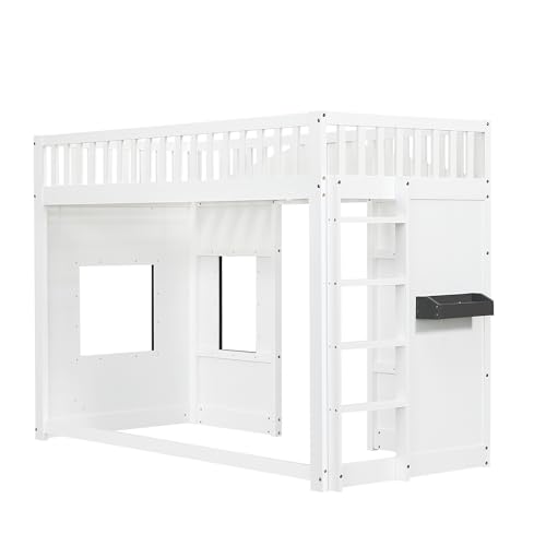 MOBETTRES Etagenbett, Hausbett, mit Treppe, mit Fallschutz und Gitter, Kinderbett mit Fenster, Frei gestaltetes Unterbett, Rahmen aus Kiefer, Kiefer+MDF, Weiß, 90x200cm (A)