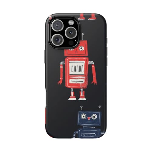 Coque iPhone 16 Pro Max robot rétro rouge et bleu rigide mate protégeant le téléphone