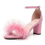JOEupin Women's Ankle Strap Fluffy Feather Ankle Strap Block Heels Sandals Party Evening High Heel Pump Shoes 2.75'