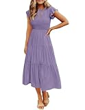 ZESICA Women's 2025 Summer Casual Flutter Short Sleeve Crew Neck Smocked Elastic Waist Tiered Midi Dress,Violet,Small