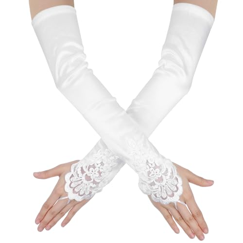 Xinjoduz Gants d'opéra en satin – Longueur coude – Noir – Sans doigts extensibles – Parfaits pour les fêtes et les mariages des années 1920, blanc,...