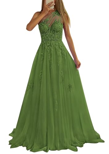 Robe de soirée tulle à une épaule et corset appliqué d'exception taille 52 vert olive