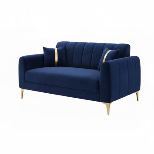Image of Hermione Luxe Velvet-Suede Fabric 3 Seater + 2 Seater Sofa Set | Golden Legs | Comfortable & Spacious Seating | Modern Sofa Set for Living Room - Dark Blue
