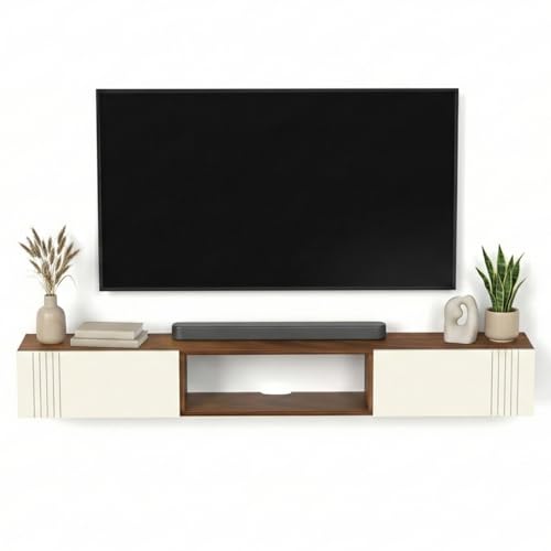 Image of Evara Engineering Wood Wall Mount TV Entertainment Unit Set Top Box Stand /TV Panel Cabinet Panel with Shelves for Books & Decor Display Unit, Handleless, 60 Inches (Classic Brown & White)