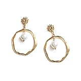 揺れる サークルピアス ゆがみ 変形 ウェーブ フープ ラウンド パール 花 フラワー ゴールド 大ぶり 両耳