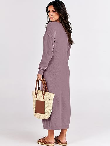Image of ANRABESS Women Long Sleeve Button V Neck Oversized Casual Loose Fit Waffle Knit Fall Midi Sweater Dress 2026 Trendy Outfits