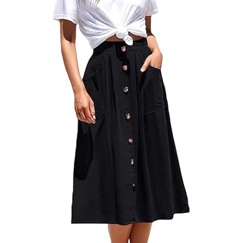 Ladybranch Pleated A-line Midi Skirt Elastic Waist Button Front Casual Flared Long Skirts with Pocket for Women(Small,Black) Cover