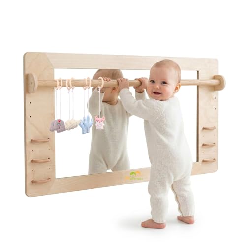 Image of JHNIFTYNEST Coordination Montessori Toddler Mirror with Handle Wooden Shatterproof Acrylic Non Glass Safety Early Learning to Walk Standing Mirror for Babies Nursery Playroom Wall Mounted 47.24"