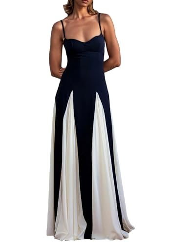 Womens Elegant Sleeveless Color Block Pleated Maxi Dress Patchwork Swing Formal Party Prom Flowy Long Dress