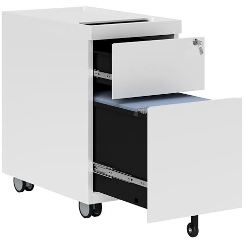 HOMCOM Schedario per Ufficio con 2 Cassetti con Serratura, Apertura a Busta e Barra per Appendere, Armadietto Protadocumenti da Ufficio in Acciaio, 30x50x53.5 cm, Bianco