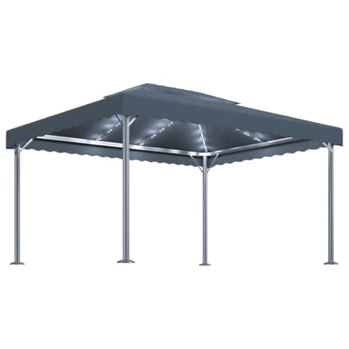 vidaXL Tonnelle avec Guirlande Lumineuse à LED Belvédère de Jardin Pavillon Extérieur Tente de Réception Chapiteau Barbecue 4x3 m Anthracite Aluminium