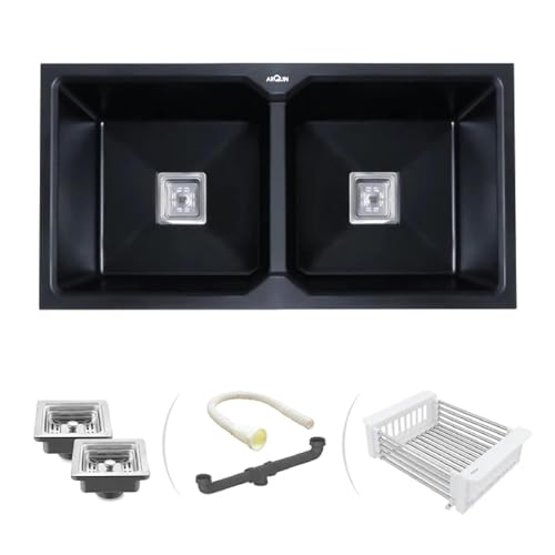Image of ARQUIN Double Bowl Quartz Kitchen Sink 37x18x9 Inch Black | Durable & Scratch-Resistant Sink | Undermount,Topmount | Including Coupling,Sink Connector,Waste Pipe & Fruit Washing Basket