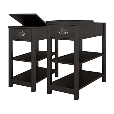 Locsear Narrow Wood End Table Set of 2 with Storage Shelves, Brown Flip Top Sofa Side Table, Bedside Nightstand, Slim Side Table for Small Space, Living Room Cover