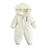 スキーウェア キッズ つなぎ ジャンプスーツ 雪遊び ベビー おしゃれ スキーウェア 防寒着 保温性 前開き もこもこ 秋冬用 人気 記念撮影 年賀状 子供 (ホワイト，110)