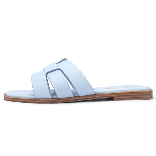 Image of Flat Sandals for Women Comfortable Slip On Dressy Summer Leather Slides with Square Open Toe