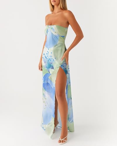 Image of Women Floral Strapless Maxi Dress Y2K Bodycon Tube Long Dresses Sexy Party Formal Cocktail Beach Slit Dress