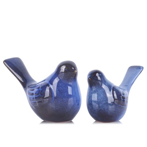 2pcs Small Ceramic Bird Statue and Sculpture for Home Decor Accents Modern Animal Ornaments for Living Room Bedroom Bookshelf Cabinets Coffee Table Centerpiece Cute Knick Knacks for Shelves (Blue)