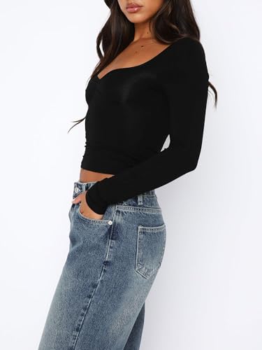 ForeFair Women’s Sexy Long Sleeve Going Out Tops Pleated Bustier Shirt Cute Sweetheart Neck Y2K Cropped Top
