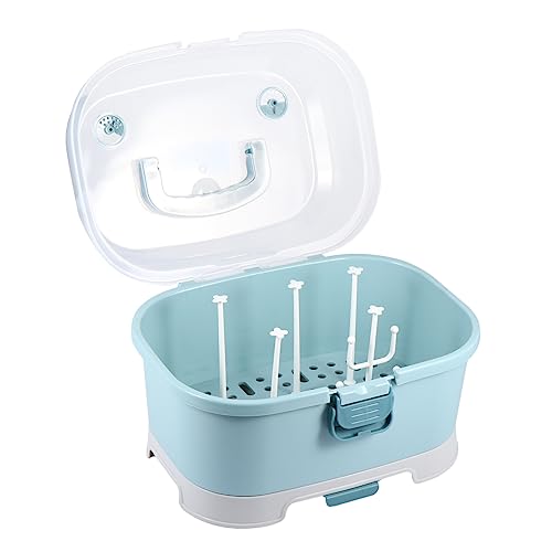Image of NUOBESTY Baby Bottle Drying Rack with Cover Portable Nursing Bottle Storage Box Baby Bottle Holder Dinnerware Organizer for Home Kitchen Blue
