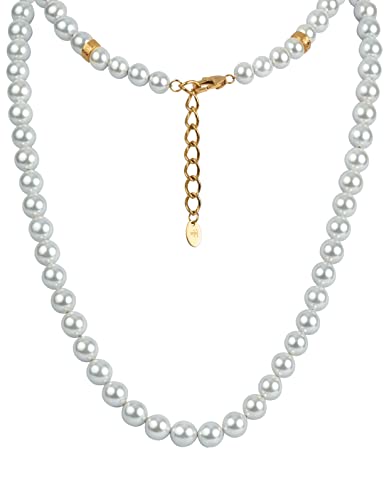Forge & Foundry Men's 8mm Shell Pearl (Man-Made) Necklace with Stainless Steel Artist-Designed Custom Beads [Fortier]