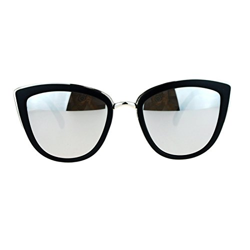 SA106 Womens Color Mirror Mirrored Lens Oversize Cat Eye Sunglasses Matte Black Silver Mirror