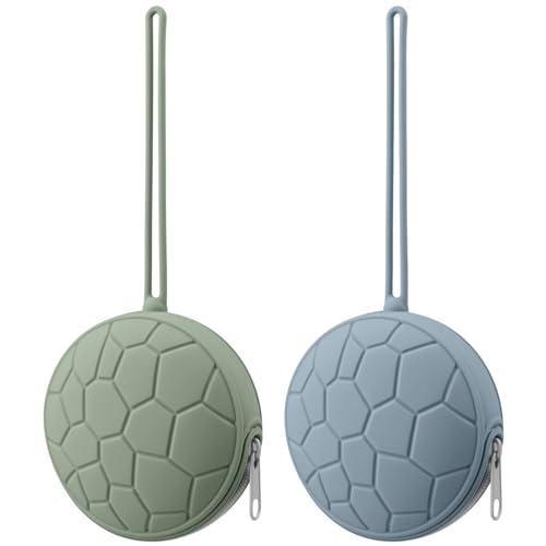 Image of Kalovin Pacifier Holder Case Set, Baby Silicone Pacifier Holder Case w/Transparent Pacifier Storage Box, Protective Storage Container Attaches to Strollers & Diaper Bags, Easy to Clean (Sage, Ether)