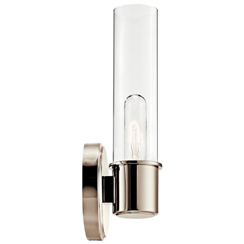Image of Kichler Aviv 1-Light Wall Sconce, Modern Light with Clear Glass in Polished Nickel, for Bedroom, Laundry Room, Kitchen or Hallway (13 inch x 5.5 inch), 52653PN