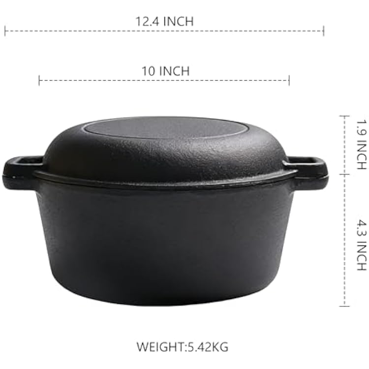 Cast Iron Double Dutch Oven Pot with Skillet Lid, for Oven,Grill,Campfire & Stovetop Safe (5 Quarts)