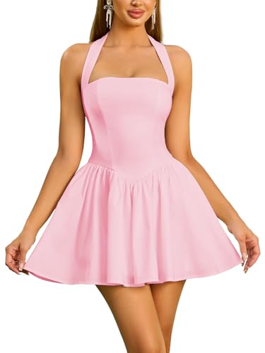 Image of Parthea Women's Floral Halter Mini Corset Dress Sleeveless A Line Flowy Cute Party Graduation Dress