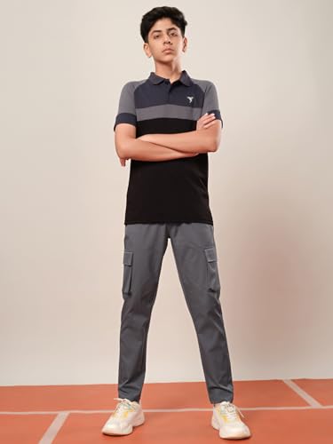Image of TECHNOSPORT Boys' Solid Straight Fit TS Flexi Cargo Trackpants Drawstring 4-Pocket Polyester Joggers for Sports Play School UPF50+ Anti Odour