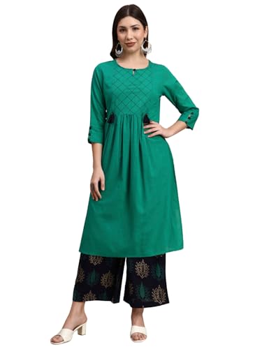 Image of idaLia Cotton Straight Kurta Set for Women with Palazzo 3 /4 Sleeve, Round Neck Designer Kurta with Palazzo Pant Set