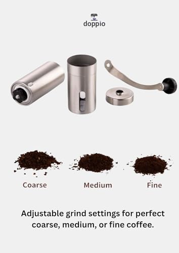 Image of Doppio Manual Coffee Grinder - Stainless Steel Hand Burr Mill with Adjustable Grind Settings & Glass Container | Portable Hand Crank Grinder for Fresh Coffee Beans at Home, Office & Travel