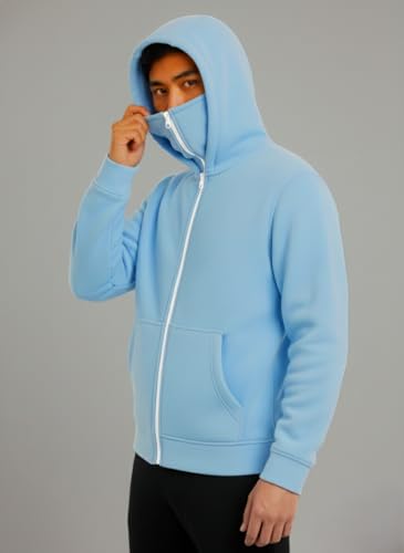 Image of Koverify Plain Cotton Hooded Neck with Mask Stylish Balaclava Zipper Hoodie