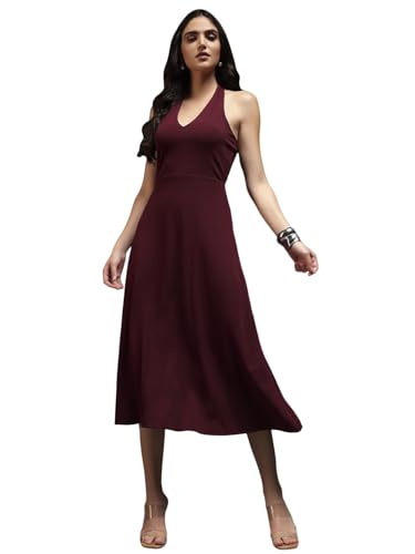 Trend Arrest.ed Women's Fit and Flare Midi Dress | V Neck Tie-Back Halter Style | Stretchable Fabric | Sleeveless Flowy Dress for Brunch, Beach, Vacation & Casual Outings