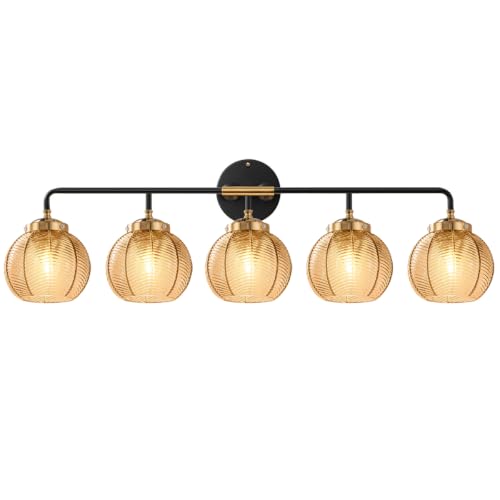 Image of 5 Light Glass Globe Wall Sconces Amber Modern Vanity Light Fixtures