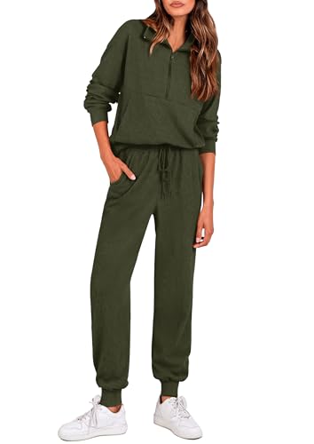 Image of PRETTYGARDEN Women 2 Piece Ribbed Knit Matching Lounge Sets | Comfy Sweat Track Suits, Athleisure Casual Outfit, Half Zip Sweatshirt & Jogger Pants, Fall Winter Clothes for Airport Travel
