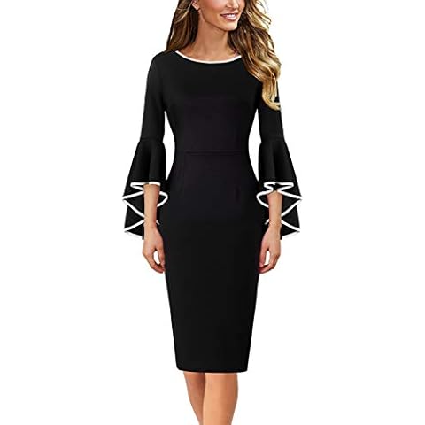 VFSHOW Womens Black White Piping Colorblock Ruffle Bell Sleeves Casual Business Cocktail Party Bodycon Pencil Sheath Dress 5318 BLK S Cover