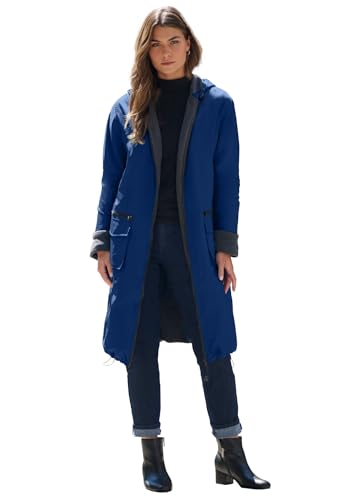 Roaman's Women's Plus Size Hooded Long Nylon Jacket with Fleece Lining