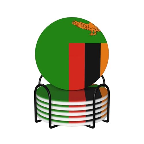Dessous de Verre en céramique aux Couleurs du Drapeau de la Zambie, avec Support, Lot de 6, pour Tasses à café et Autres Boissons.